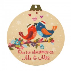Pendentif en bois Boule « 1er Noël M. & Mme » avec Oiseaux 76 mm