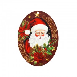 Pendentif Ovale en bois avec Père Noël. Étoiles et gui 63 x 85 mm