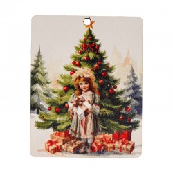 Pendentif en bois Carte avec Fille. Sapin de Noël et Cadeaux 55 x 70 mm