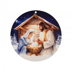 Pendentif rond en bois avec Marie. Joseph et L'Enfant Jésus 80 mm