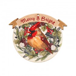 Pendentif rond en bois avec Oiseau « Merry & Bright » 82 x 68 mm