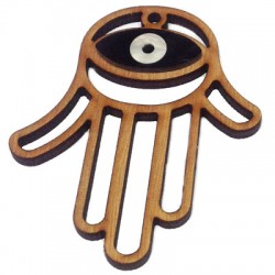Pendentif Main de Fatima avec œil en Bois et Plexiacrylique 58x69mm