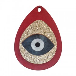 Pendentif goutte en Bois et Plexiacrylique avec œil porte-bonheur 52x75mm