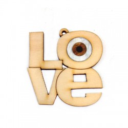 Pendentif en Bois et Plexiacrylique avec inscription "Love" et œil porte-bonheur 50x52mm