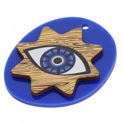 Pendentif Ovale en bois avec Acrylique Plexi. œil Maléfique et Étoile. 38 x 45 mm