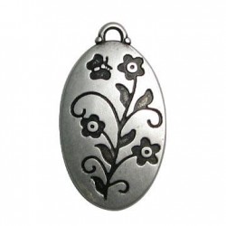 Pendentif Ovale avec fleur en Métal/Zamac, 25x44mm
