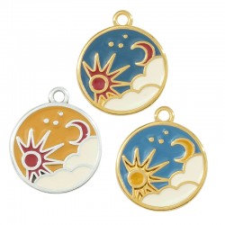 Enameled Zamak Charm Round Sun Moon 18mm
