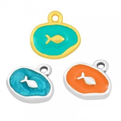 Breloque ovale en zamac avec poisson et émail 13x10mm