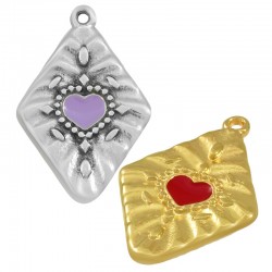 Pendente in Metallo Zama Rombo con Cuore Smaltato 20x28mm