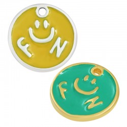 Enameled Zamak Charm Round "FUN" 16mm