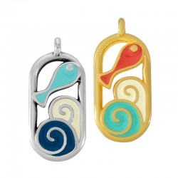 Breloque Ovale en Zamak Émaillé avec Vagues et Poissons 13 x 24 mm