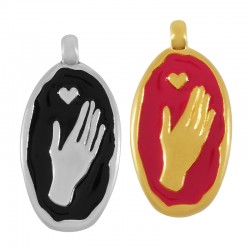 Colgante de Metal Zamak Ovalado con Mano y Corazón y Esmalte 12x21mm