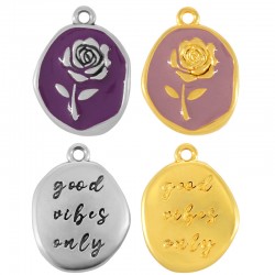 Charm en Zamak Émaillé Irrégulier « Bonnes Vibrations » rose 17 x 20 mm