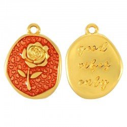 Ciondolo in Zama Smaltata Irregolare Good Vibes con Rosa 17X20 mm