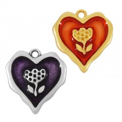 Charm cœur en Zamak Émaillé avec Fleur rose 18 mm
