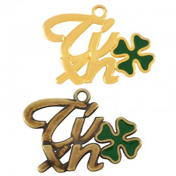 Pendentif en Zamak Émaillé « Τύχη » avec Trèfle à Quatre Feuilles 38 x 24 mm
