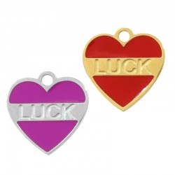 Colgante de Acero Inoxidable 304 Corazón con “LUCK” Esmaltado 13mm
