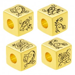 Brass Bead Cube with Flower Rose 10mm Ø5.2mm