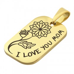 Pendentif Étiquette avec Fleur "I LOVE YOU MOM" 16.5x25mm/1.5mm en Acier Inoxydable 304