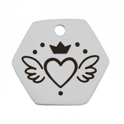 Esagono in Acciaio Inossidabile 304 con Cuore, Corona e Ali 15x13 mm