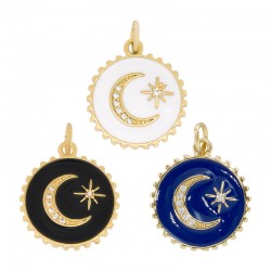 Breloque Ronde en Laiton Émaillé Lune Étoile & Zircon 16 mm