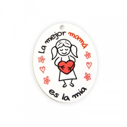Pendentif Ovale en Acrylique Plexi « La Mejor mama es la mia » 36 x 45 mm