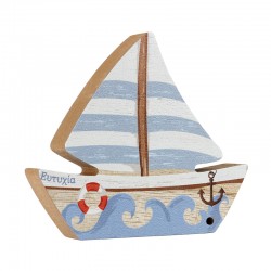 Bateau Décoratif en bois « Ευτυχία » avec Ancre et Bouée de Sauvetage 120 x 100 mm