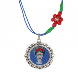 Κολιέ με Ασημί Μενταγιόν Frida Kahlo & Λουλούδι