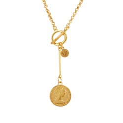 Necklace with Gold Coin Pendant Featuring a Girl and T-Bar Clasp