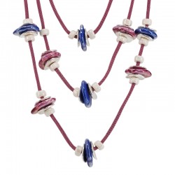 Layered Necklace with Twisted Cord & Fuchsia Ceramic Disc
