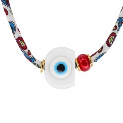 Collier avec ruban floral et œil maléfique en résine blanche