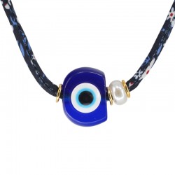 Collar Con Cinta Floral Y Ojo Turco De Resina Azul