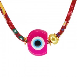 Collar con Cinta Floral y Ojo Turco de Resina Rosa