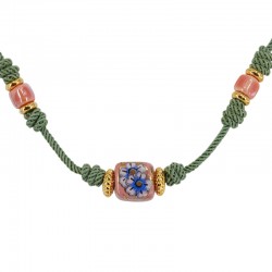 Collier avec Cordon Torsadé et Rondelle en Céramique avec Fleurs