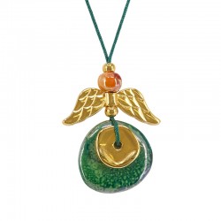 Necklace with Green Ceramic Disc & Metal Wing Elements
