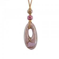 Collier avec Pendentif Ovale en Céramique Rose sur Cordon en Daim