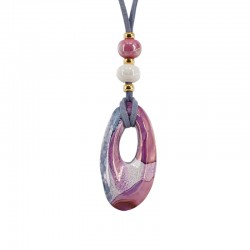 Collana con Pendente Ovale in Ceramica Fucsia su Cordino in Pelle Scamosciata