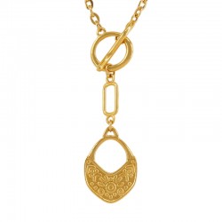 Gold Necklace with T-Bar Clasp & Embossed Ethnic Pendant