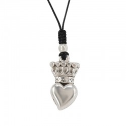 Collier avec Cœur Argenté et Couronne sur Cordon Serpent Noir