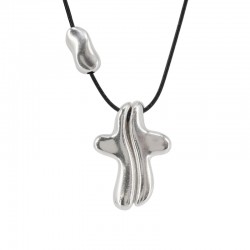 Collana con Croce in Metallo Argentato a Due Pezzi su Cordino Nero