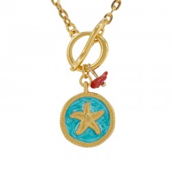 Collar con Estrella de Mar de Metal Esmaltado en Turquesa y Cierre en T