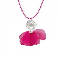Necklace with Metal Flower & Fuchsia Chiffon Fabric Petals