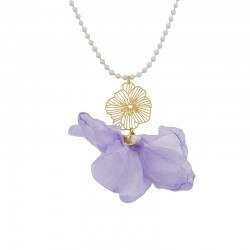 Necklace with Metal Flower & Lilac Chiffon Fabric Petals