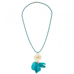 Collar con Flor Metálica y Pétalos de Gasa Azul Petróleo