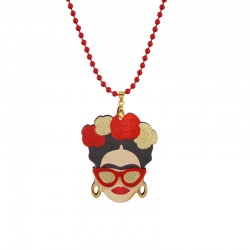 Necklace with Frida Pendant, Red Sun Glasses & Flowers