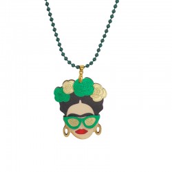 Necklace with Frida Pendant, Green Sun Glasses & Flowers