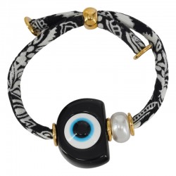 Pulsera con Ojo de Resina Negra, Perla y Cordón Floral
