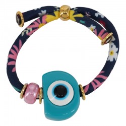 Pulsera con Ojo de Resina Azul Claro, Perla y Cordón Floral
