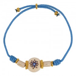 Bracciale con Tubicino Scorrevole Rotondo in Ceramica Bianca con Occhio Turco