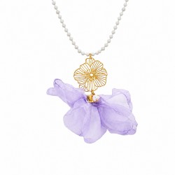Necklace with Metal Flower & Lilac Chiffon Fabric Petals